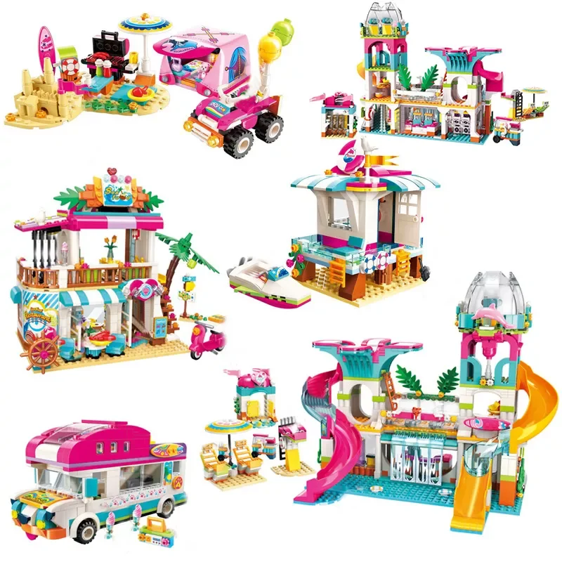 

Girls Seaside Beach Building Blocks Slide Amusement Park House Party Dolphin Rescue Sets Bricks Friends Toy For Children Gifts