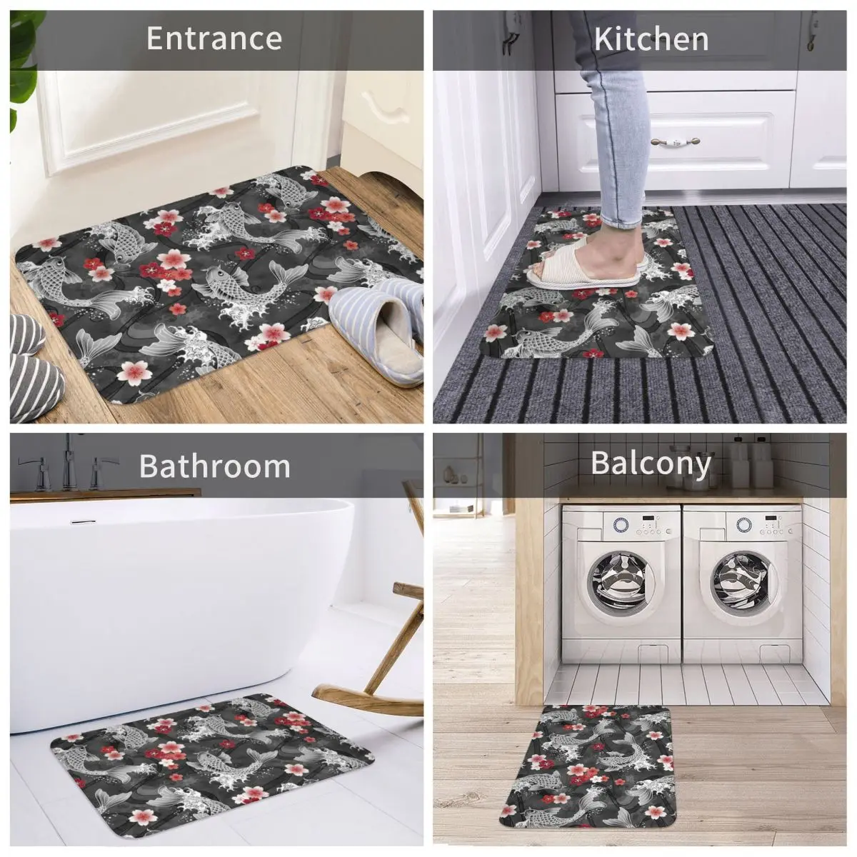 

Bath Mat Koi Sakura Blossom In Black Decor 3D Rug Carpet Doormat Anti-slip Entrance Living Room Home Kitchen Water Proof Bedroom