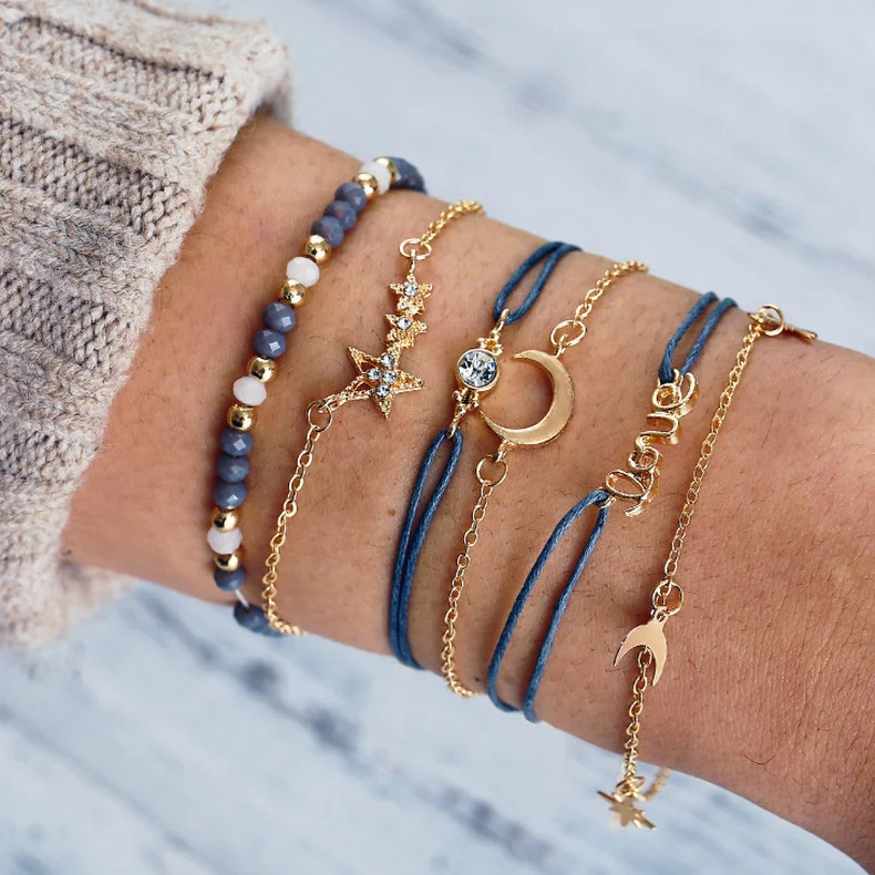 

Punk Creative Five-pointed Star Moon Multilayer Bracelets for Women Boho Jewelry Chain Charm Bracelet