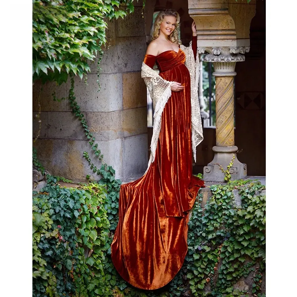 

Новое винтажное бархатное платье для беременных с открытыми плечами для фотосессии рождественское платье для беременных женщин халат для ...