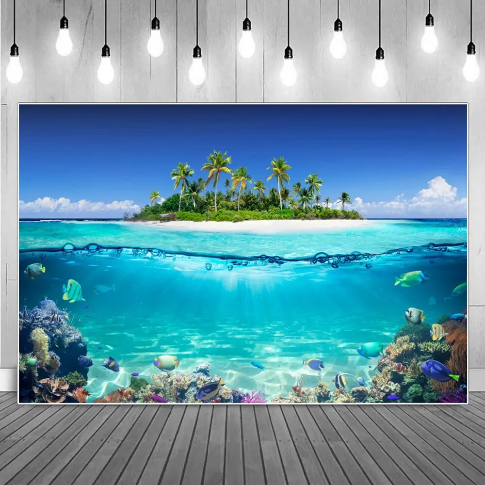 

Tropical Palms Island Undersea World Holiday Photography Backgrounds Seabed Coral Fish Summer Party Decoration Photo Backdrops
