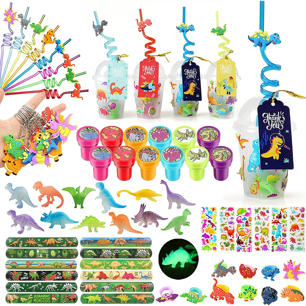 Personalize Goody Cups with Gift Tags, Filled with Dinosaur Themed Reusable Straws Stampers Luminous Dinos Figure Slap Bracelets