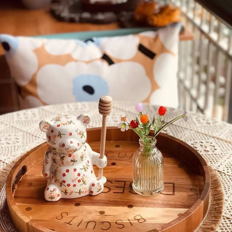 

American Cute Floral Bear Ceramic Sealed Storage Jar Storage Bottle Nordic Home Decor Ornament Creative Japanese Honey Pot