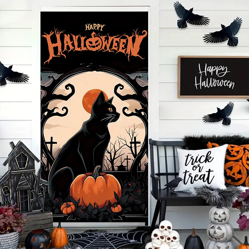 0 9*1 8 м этилен Хэллоуин Черный кот и ужас Тыква ворота баннер фон ткань