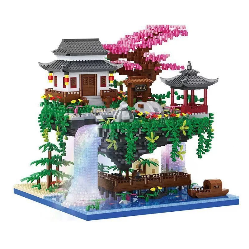 Diy микро Строительные блоки мини Кирпичи архитектура персик дом павильон водопад