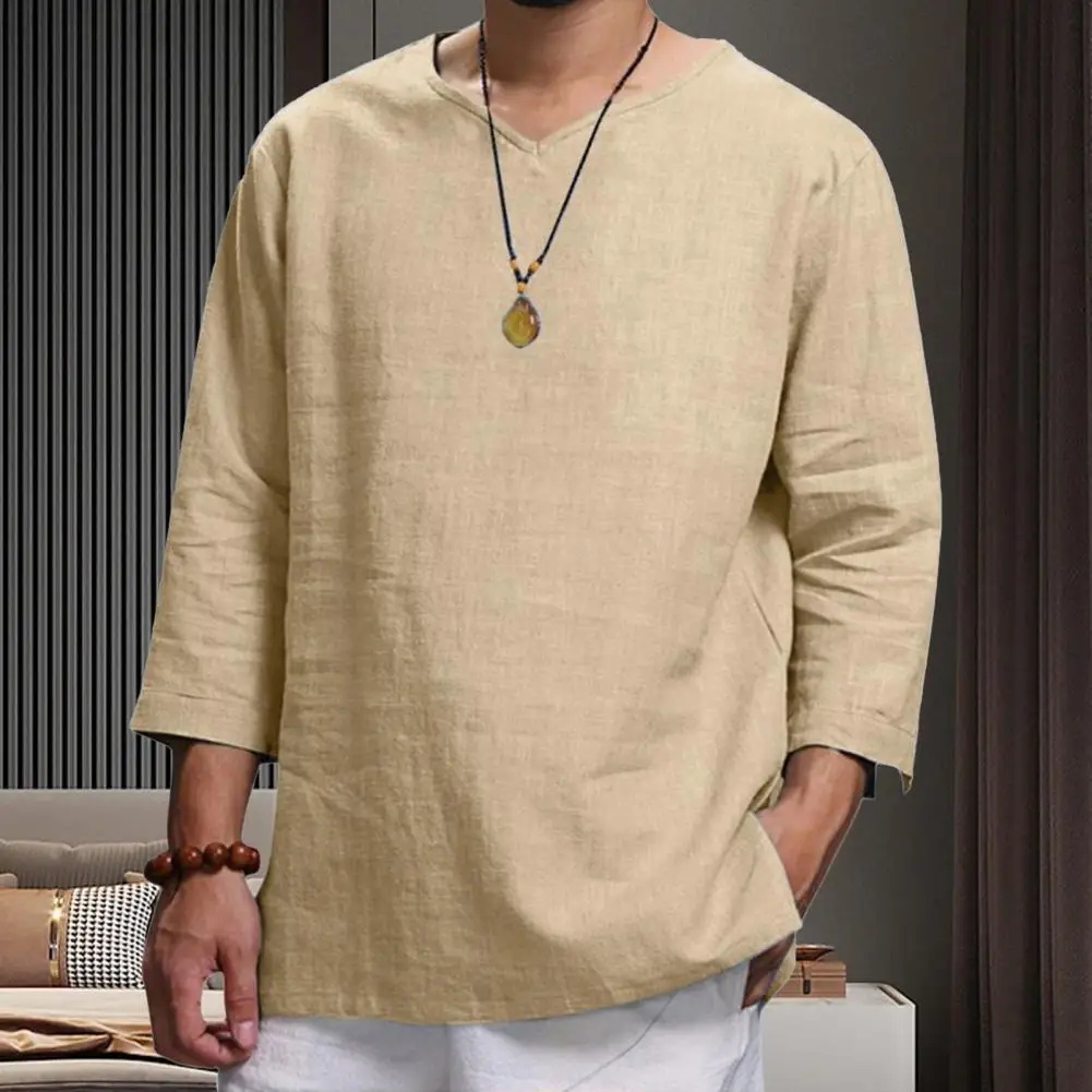 

Men Shirt V-neck Long Sleeve Men Summer Top Soft Comfortable Linen Blend Men Top Casual Spring Long Sleeves Male Top For Daily