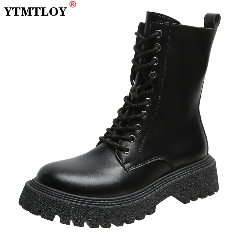 

Женские повседневные ботинки до середины икры, мотоциклетные ботинки в британском стиле на массивном каблуке и платформе, обувь в стиле пан...