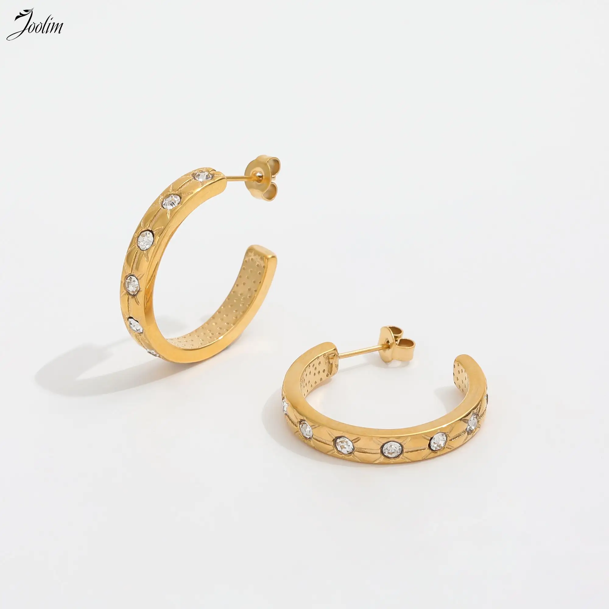 

JOOLIM Jewelry PVD Wholesale Tarnish Free Designer Star Zirconia Pave Flat Wide C-shaped Hoop Stainless Steel Earring For Women