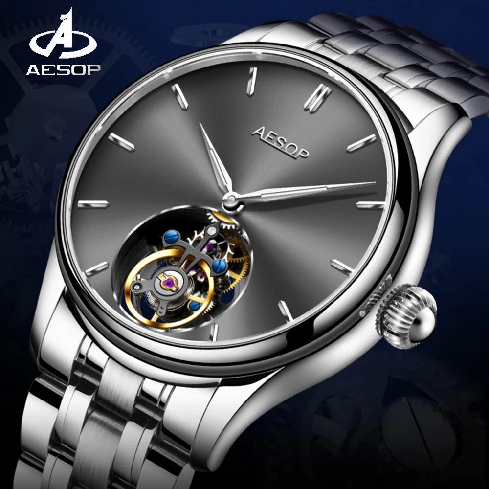 AESOP 100% настоящие летающие часы-скелетоны с турбийоном для мужчин механические