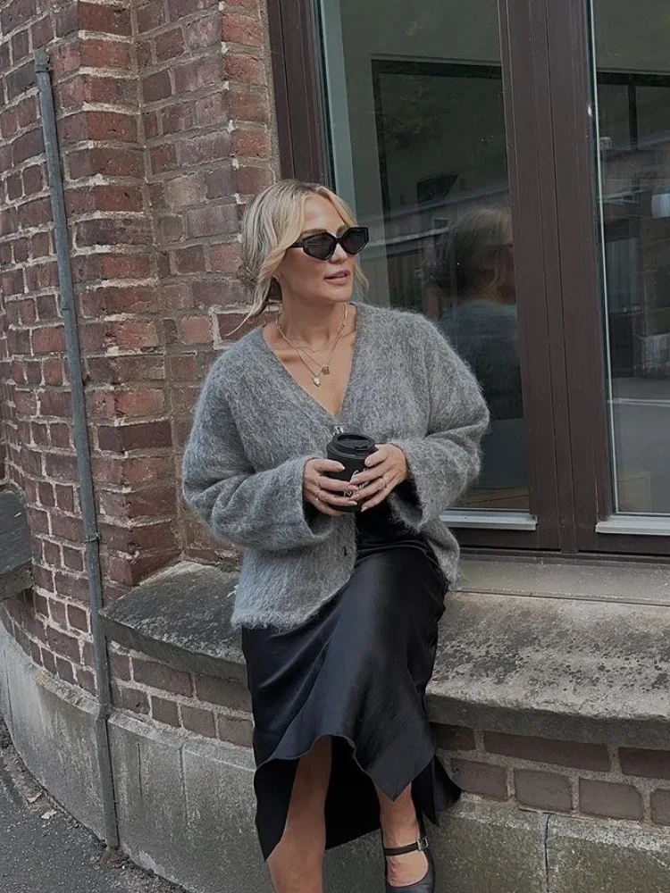 Женский мохеровый кардиган элегантный серый однобортный Кардиган оверсайз с