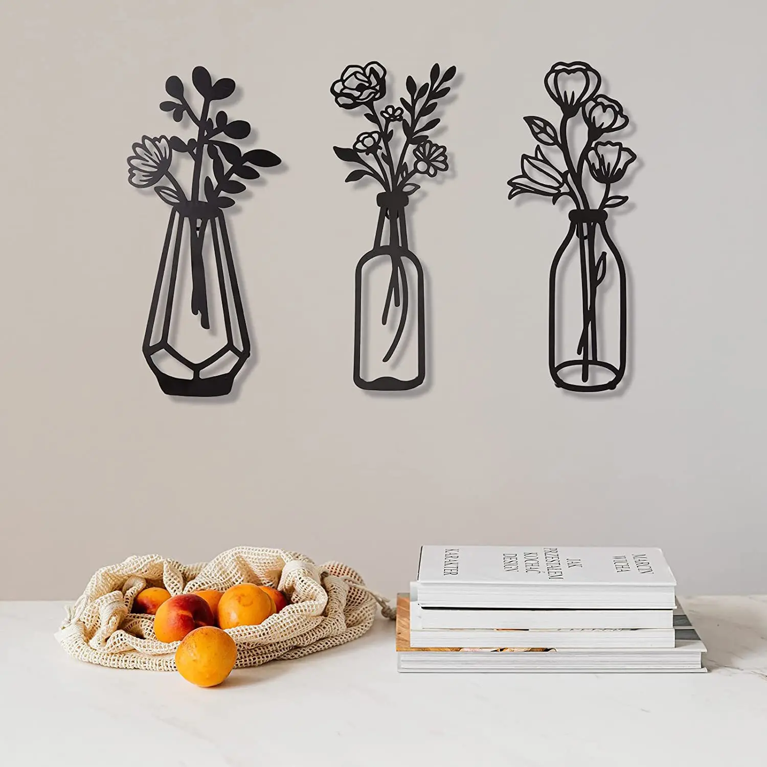 

3pcs Flower Vase Wall Decor Minimalist Art BlackWire Iron Decor Floral Wall Sculpture For Kitchen Bathroom LivingRoom Home Decor