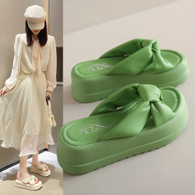 

Women's slippers with round heads and platforms Summer Korean one-line bow women's slippers