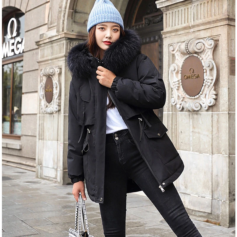 Thickened Fur Collar Hooded Parka Loose Fashion Long Sleeve Warm Women's Cotton Padded Clothes Versatile Solid Winter Outerwear