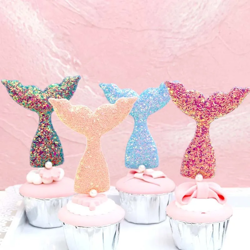 

5Pcs Arrival Under The Sea Wedding Party Bridal Shower Birthday Cake Flag Decor Colorful Sequins Mermaid Tail For Cupcake Topper