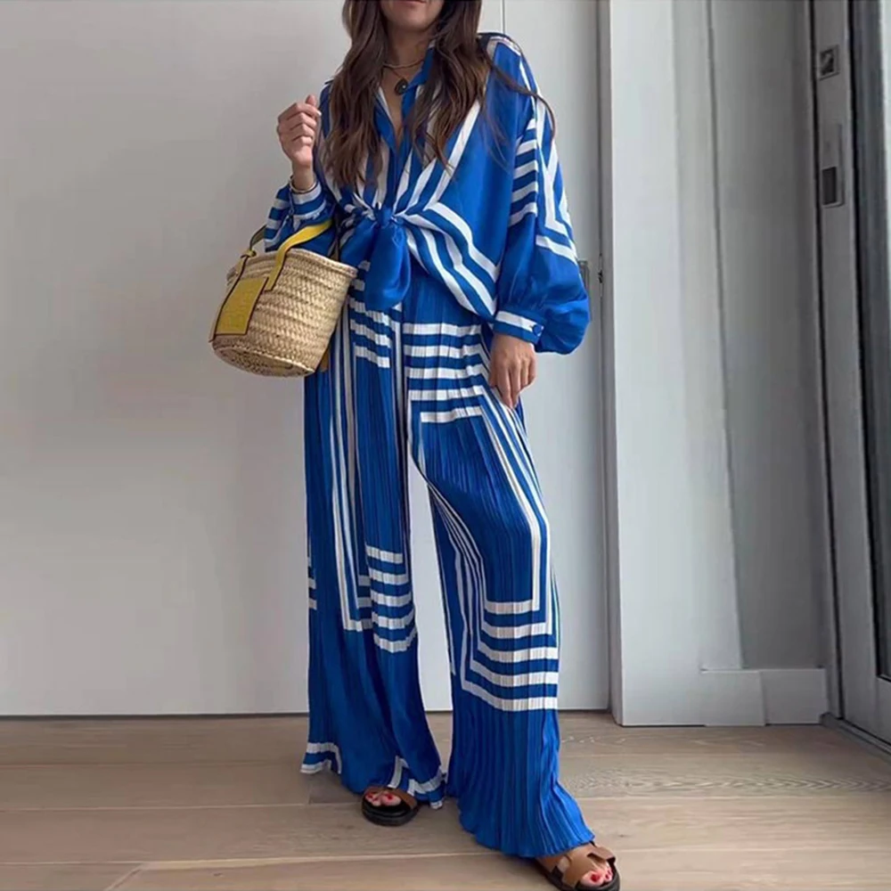 

Print Pants Set Loose Women Elegant Lace Up Long Sleeve Shirt 2 Pieces Set Sleepwear Female Wide Leg Pants Suit Holidaywear Y2K