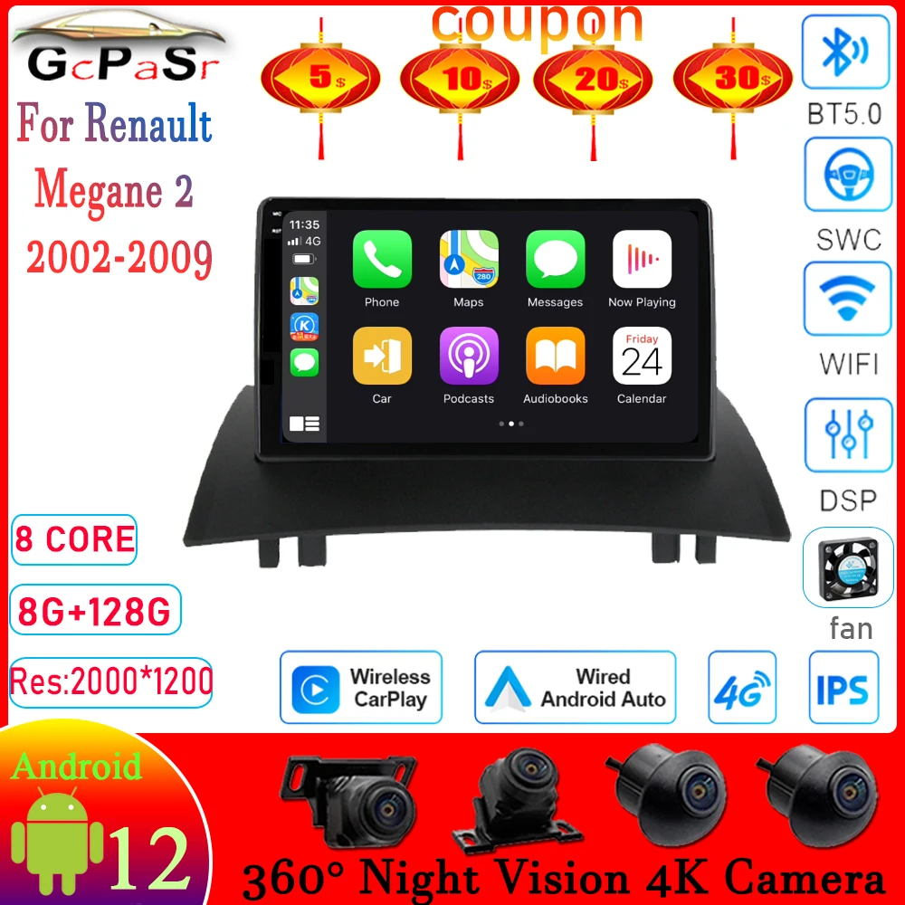 

Автомагнитола Carplay на Android 12, мультимедийный видеоплеер для Renault Megane 2 2002-2009, навигация, GPS, сенсорный экран, DSP BT