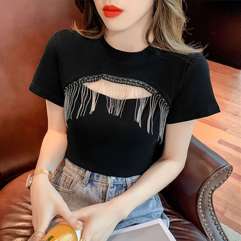 

New Fashion Female Casual Sexy Chest Hollow Out Crop T-Shirt Solid Chic Tassel Women Slim Tops Classic Streetwear Girl Tee Shirt