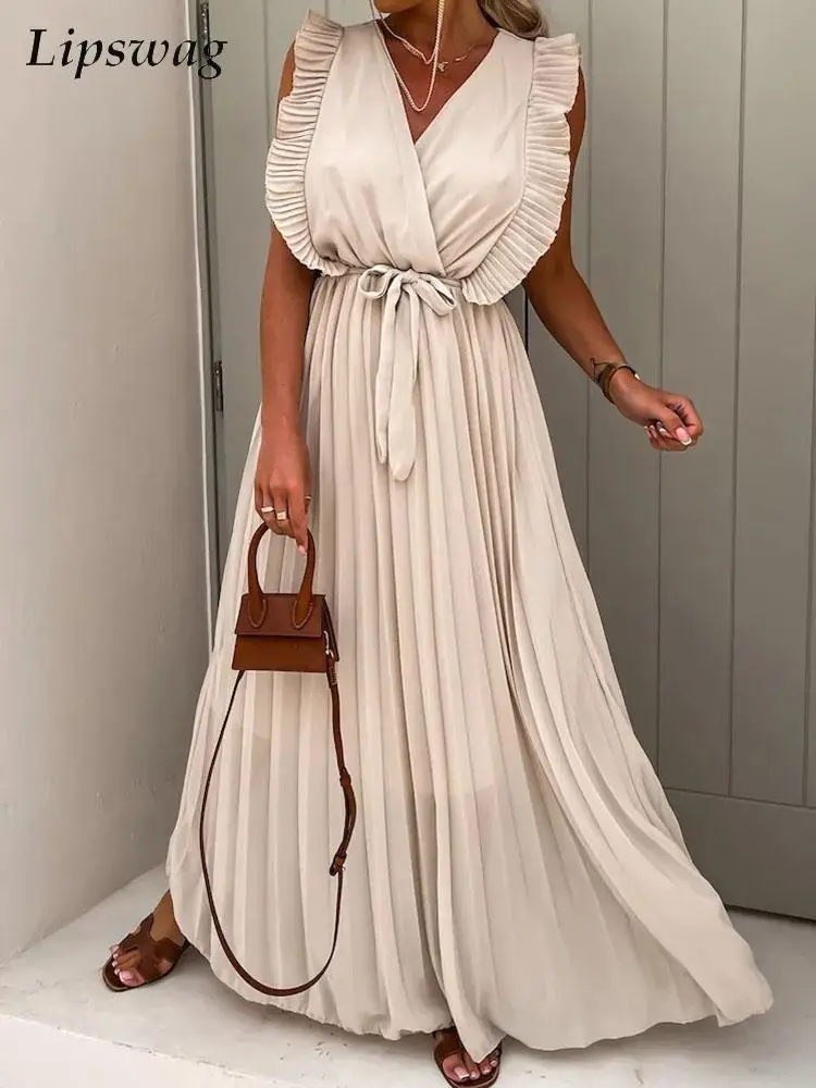 

Модное Плиссированное длинное платье без рукавов с оборками, повседневное женское свободное пляжное платье на шнуровке, сексуальное однот...