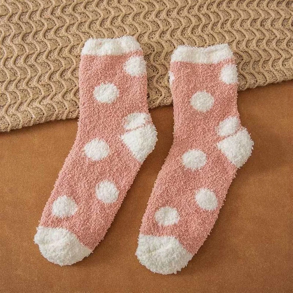 5 Pairs High Quality Coral Fleece Floor Socks Women Pink Series Striped Dots Thickened Warm Sleeping Socks Dropshipping