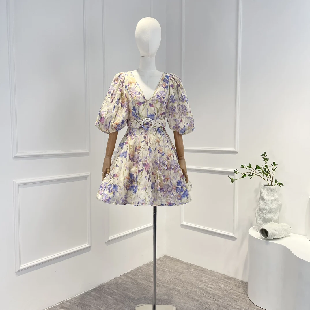 

2023 Top Quality Linen Silk Purple Floral V-neck Lantern Sleeve Mini Dress with Belt for Women