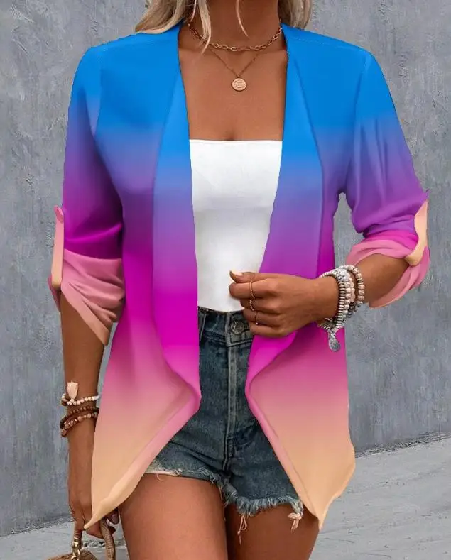 

Fashion Woman Blouse 2023 Spring Ombre Tie Dye Open Front Roll Up Sleeve Casual Long Sleeve Daily Coat Female Clothing