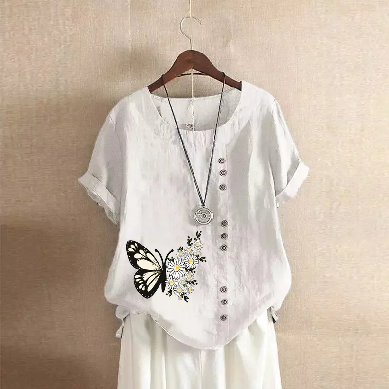 

Women Street Fashion Y2K Printed T-shirt Summer Cotton Linen Loose Simple Pullovers Female Casual Vintage Oversized Basic Tops