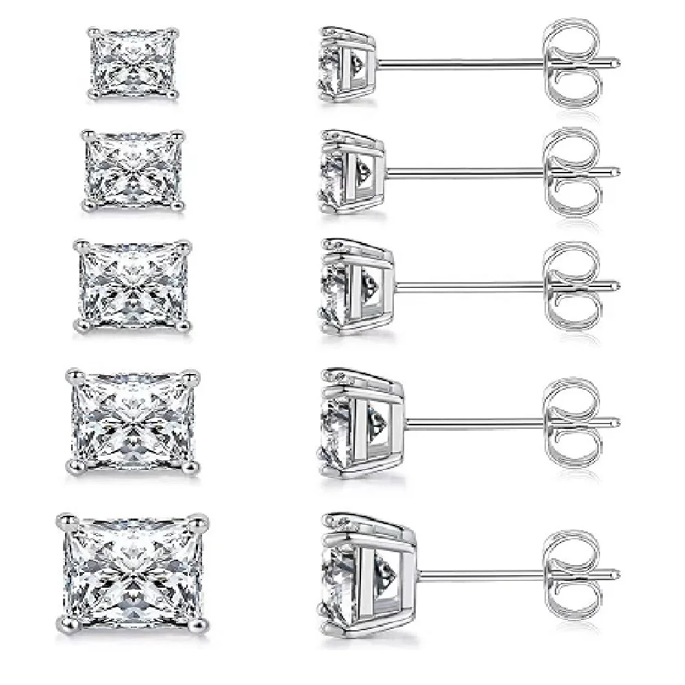 

Stainless Steel Stud Earrings Set Hypoallergenic Square Cut Clear Cubic Zirconia 14K White Gold 316L CZ Earrings