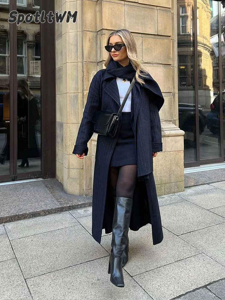 Элегантное полосатое женское длинное пальто повседневное свободное большого