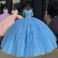 blue sparkly crystal quinceanera dresses ball gown off the shoulder appliques lace sequined sweet 15 vestidos de xv a%c3%b1os