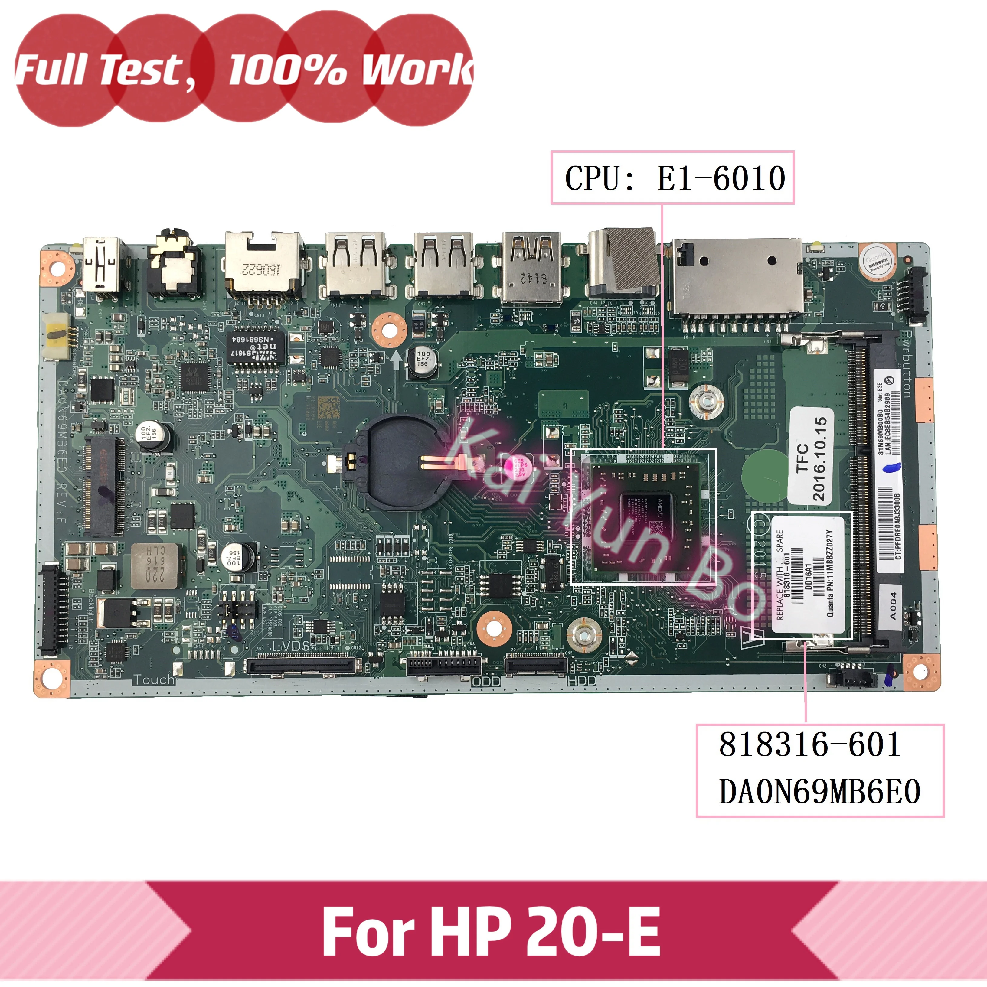 

818316-601 For HP 20-E Laptop Motherboard 818316-501 818316-001 DAN69AMB6D0 with E1-6010 CPU DDR3 100% Full Tested