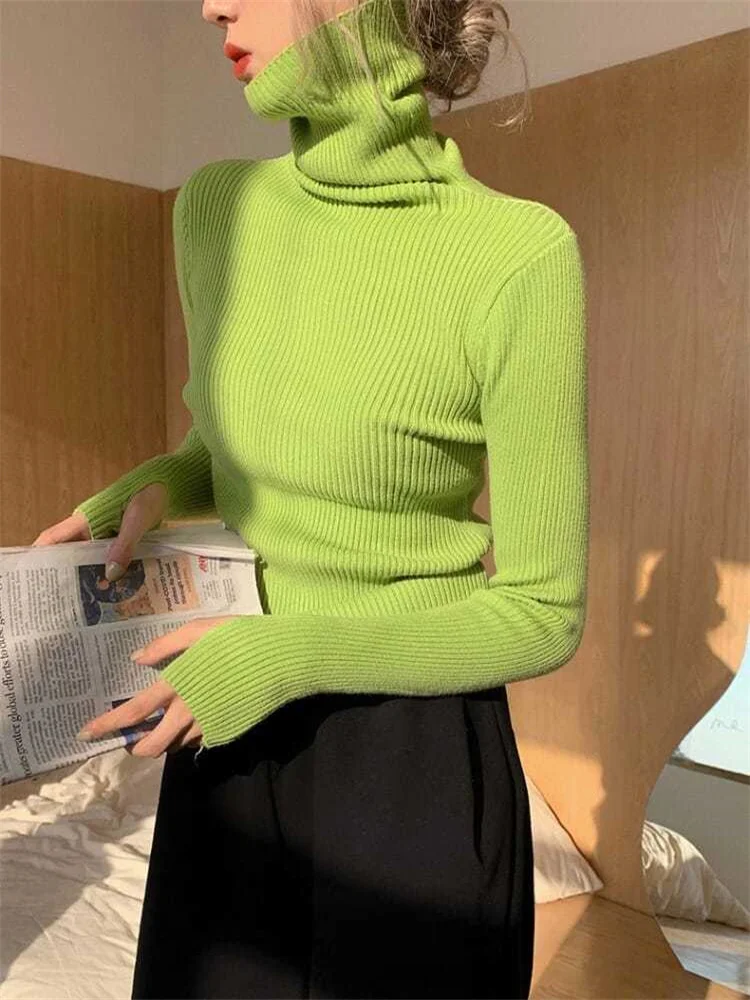 Women Pullover Heaps Collar Turtleneck Sweaters Autumn Winter Soft Warm Jumper Slim Female Basic Tops Casual Soft Knit Sweaters