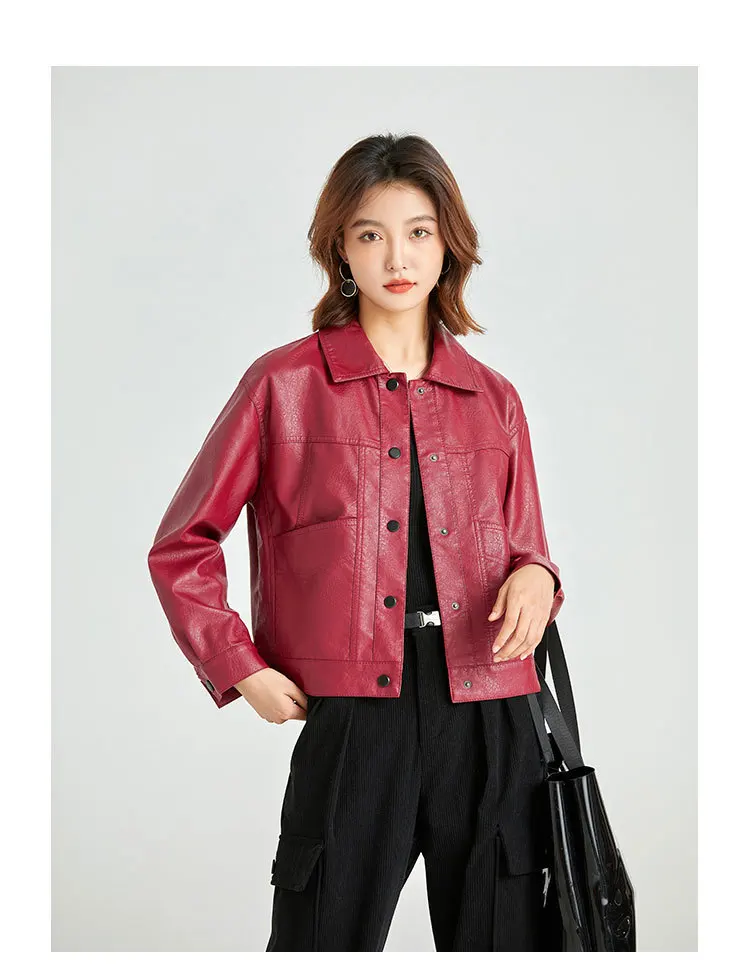 2022 Spring  Autumn Women's Leather Jacket Short Thin Fashionable Motorcycle Jacket  Single Breasted Faux Leather Leather Suede