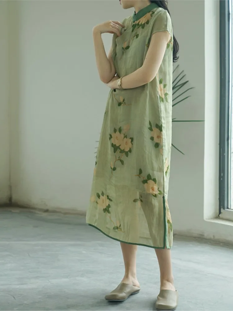 

Женское винтажное платье-Ципао на пуговицах, зеленое ТРАПЕЦИЕВИДНОЕ ПЛАТЬЕ с цветочным принтом, с воротником-стойкой и коротким рукавом, лето 2023