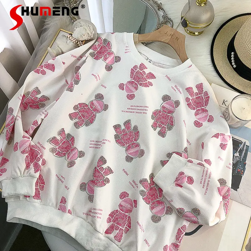 

Ladies Fashion Sweet Hot Rhinestone Bear Pullover Sweatshirt Women 2022 Fall Fairy Elegant Loose Lazy Casual Long-Sleeved Top