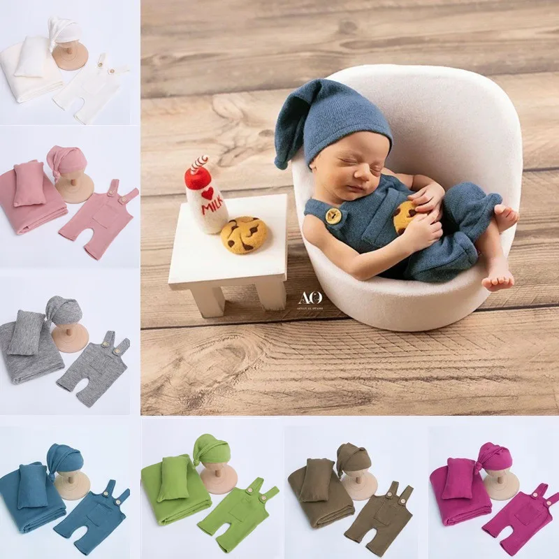 Newborn Photography Clothing Baby Hat+Pillow+Jumpsuits+Backdrop 4Pcs/Set Infant Boy Photo Props Accessories Studio Shoot Clothes