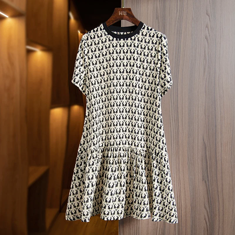 

Rabbit Printed Silk Dress for Women's 2023 Summer New Loose Style Round Neck Short Sleeve A-line Dress Elegant Women Clothing
