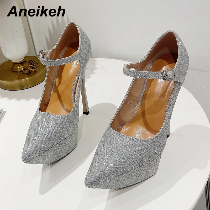 Aneikeh 2023 Sequins Leather Sexy Pointed en Ladies Platform Pumps High Heels Shoes for Women Summer Thin Heels Fashion Shoes