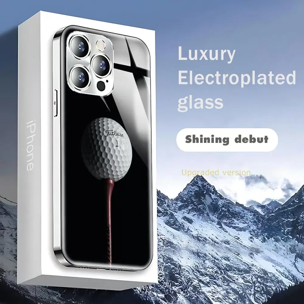 Фото Новый гальванизированный стеклянный чехол для iPhone 17 16 15 14 13 12 Pro Plus Max с дизайном в стиле мяча для гольфа T-Titleists №3