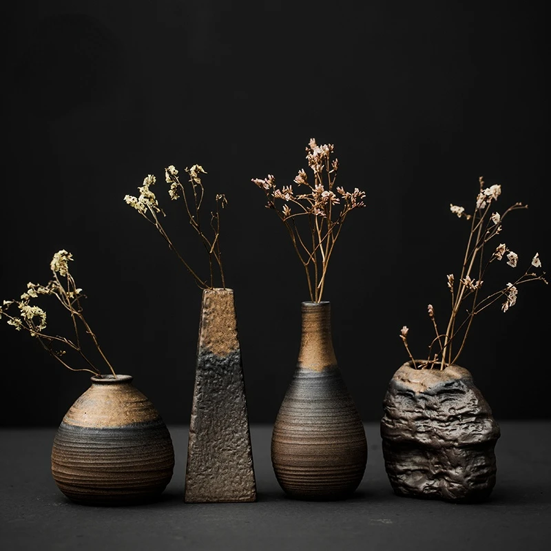Japanese-style rough pottery flower pot handmade vase retro ceramic flower tea table hydroponic handicraft ornaments
