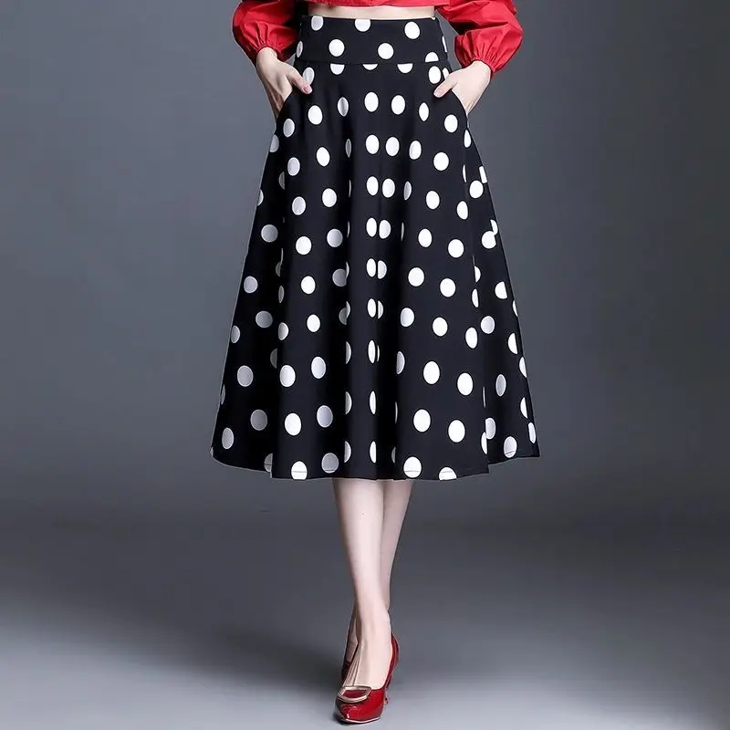 

Women 2022 Spring Summer New Fashion Skirt Female Vintage Polka Dot Slim High Waist A Line Midi Skirt Lady Streetwear Skirts J76