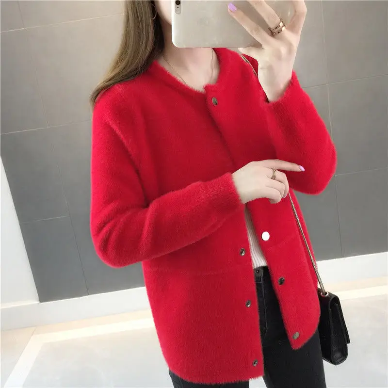 2023 New Women's Autumn Winter Loose Velvet Sweater Coat Hairy Soft Long-sleeved Mink Fur Cardigan Jackets White Black Red Khaki