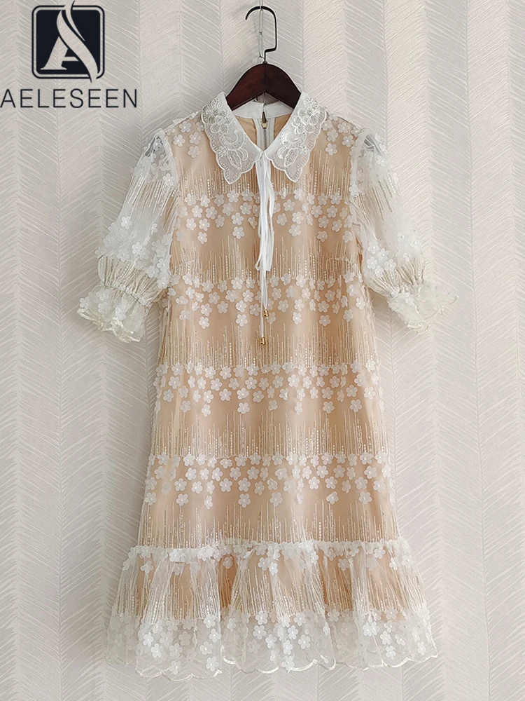 

AELESEEN Women Summer Lace Dress Runway Fashion Turn-Down Collar 3D Appliques Sequined Beading Embroidery Elegant Mini Dress