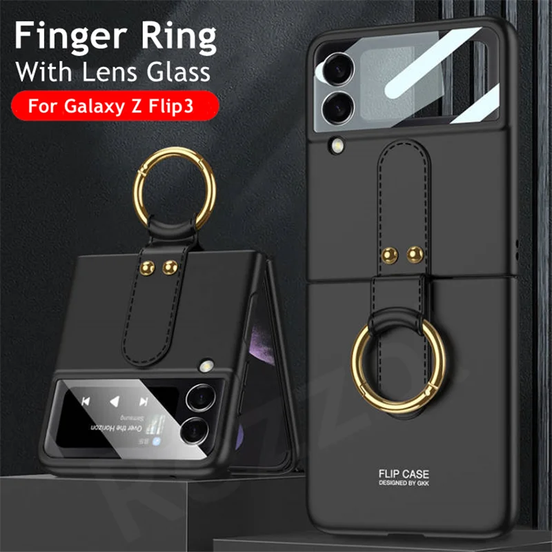 

Portable Finger Ring Chain Matte Slim Case for Samsung Galaxy Z Flip 3 Hard Plastic With Rear Back Camera Tempered Glass Cover