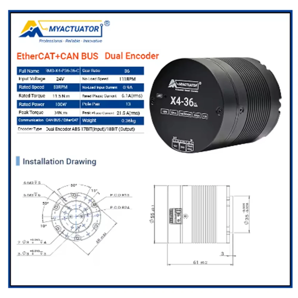 Фото Бесщеточный двигатель Myactuator X4-36 EtherCAT + CAN, новая версия V4, малый размер, высокий крутящий момент 36 Н·м, высокоточный роботизированный привод 24 В постоянного тока №3