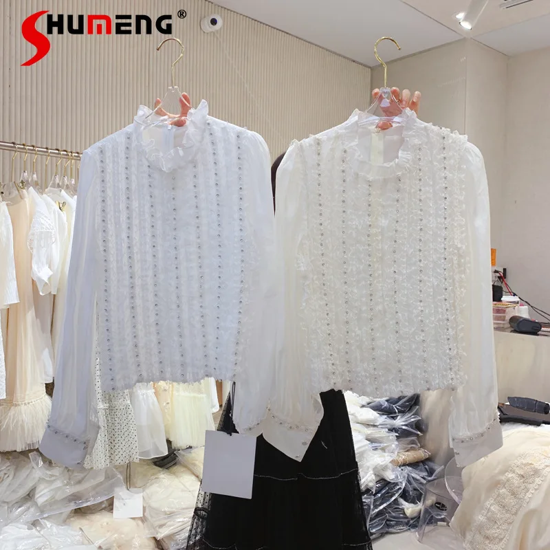 

Blusas De Mujer 2022 Summer Heavy Industry Lace Diamond Stringy Selvedge Stand Collar Bubble Long Sleeve Western Style Shirt