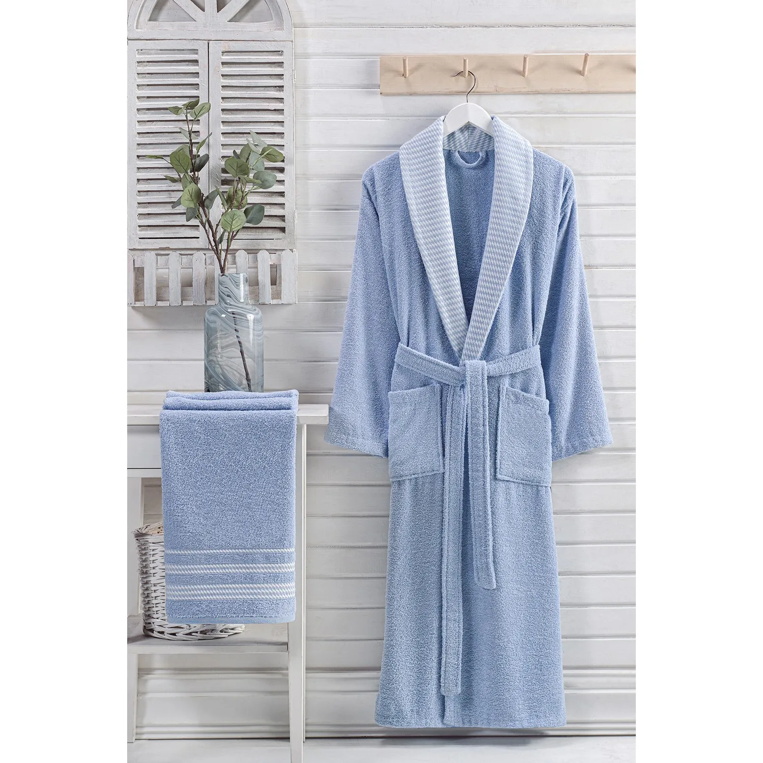 Özenev Royal 2 Piece Bathrobes Set Cotton Soft Plaids Luxury Geometric Blue Quality Modern Appearance Comfortable Form Pure Clean Feeling