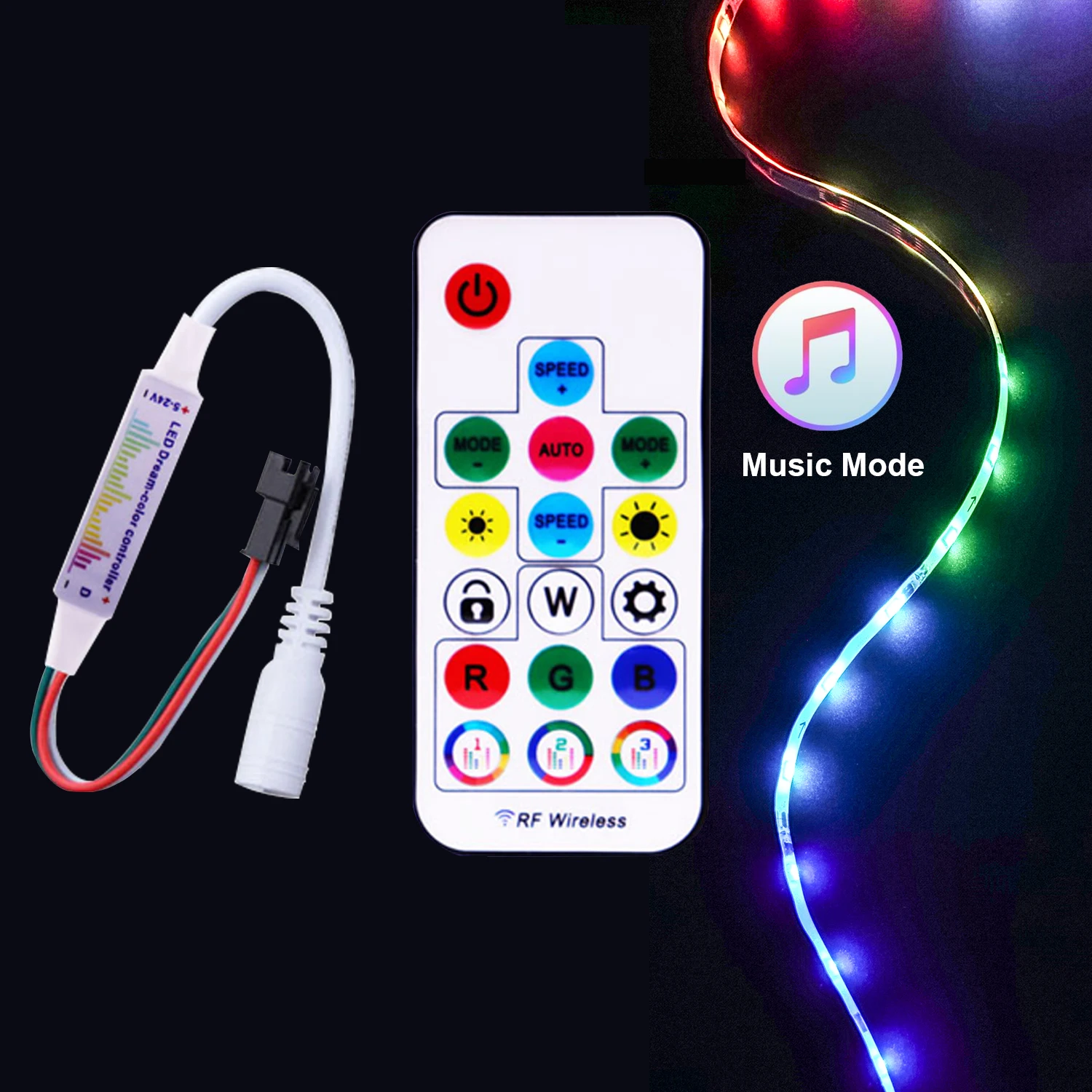

WS2812B WS2811 Led Strip 17Keys RF Pixels Remote Led Music controller USB/DC With 358Modes DC5-24V