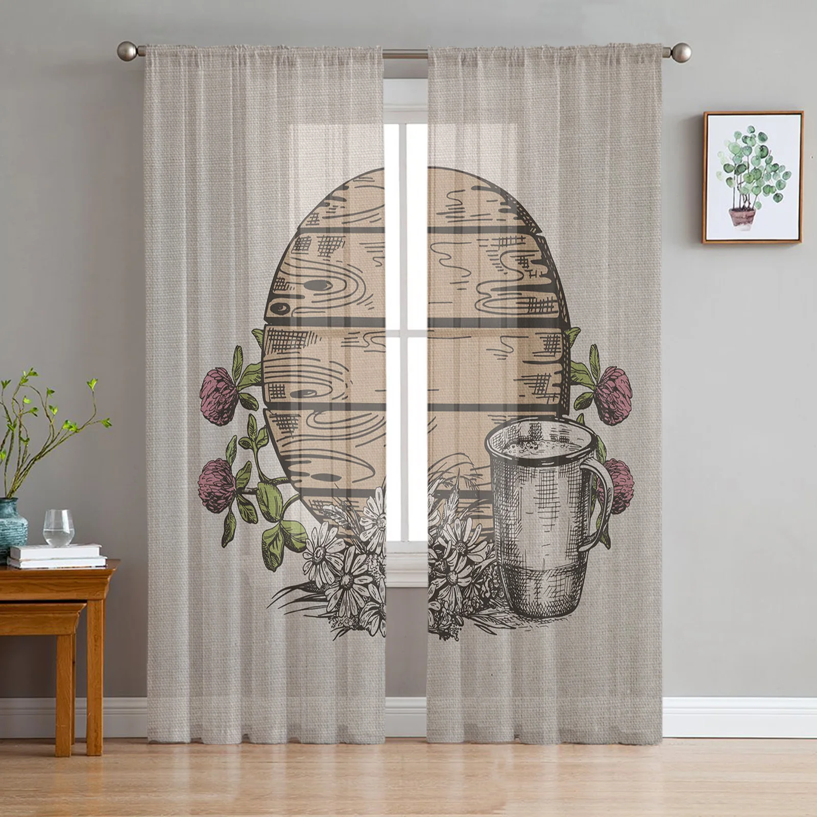 

Retro Wooden Board Flowers Cup Tulle Curtains for Living Room Bedroom Decoration Transparent Chiffon Sheer Voile Window Curtain