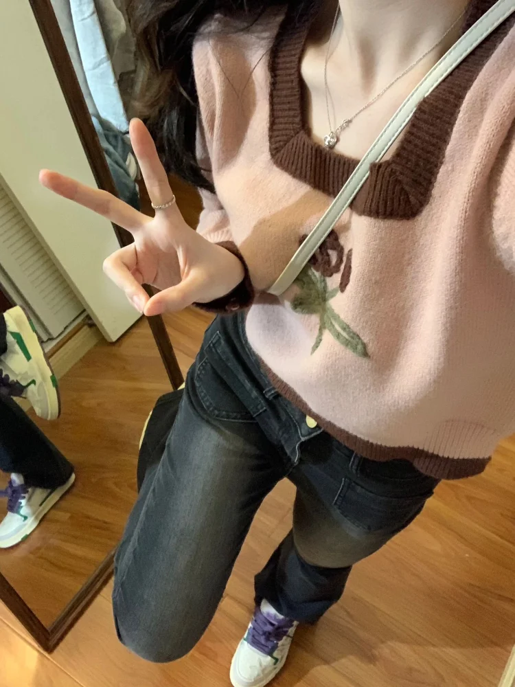 

Женский свитер с цветочной вышивкой, розовый укороченный свитер в стиле Харадзюку, милый свитер для осени, 2022