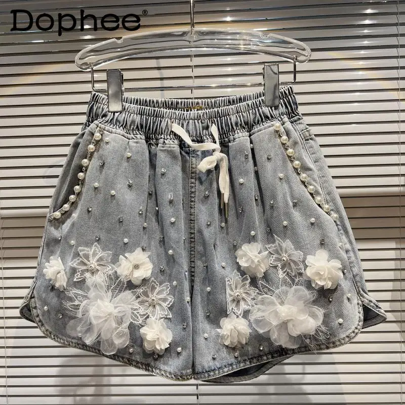 

Женские джинсовые шорты, повседневные короткие штаны с 3D цветами, жемчужинами и бусинами, с эластичной резинкой на талии, весна-лето 2022